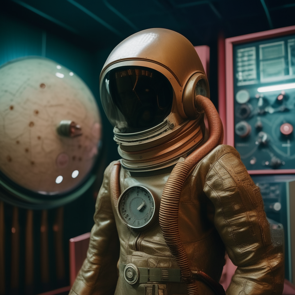 A Soviet cosmonaut in an old spacesuit standing proudly with an alien stone bird sculpture in the background next to a giant retrofuturistic speaker system covered in analog dials, tubes and copper wiring, low angle shot