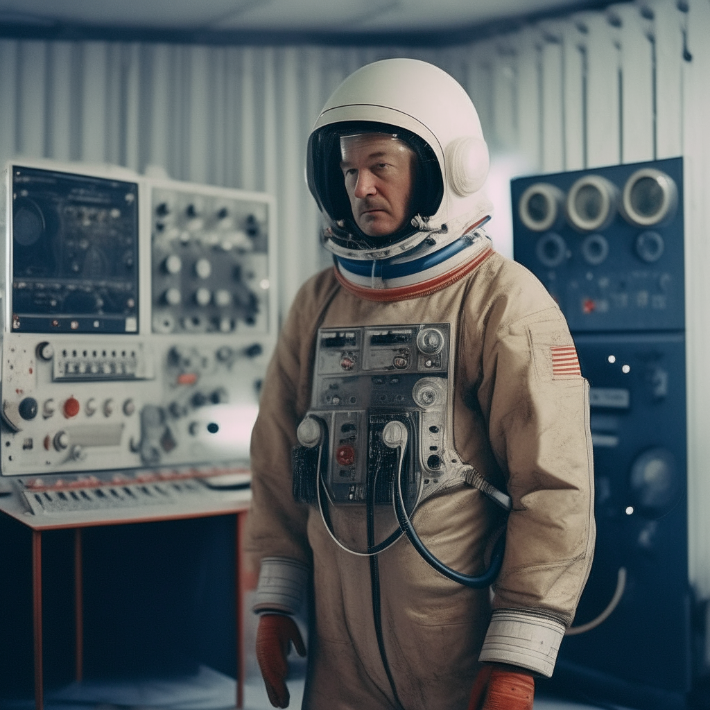 A Soviet cosmonaut in an old spacesuit standing proudly with an audio system and wires in a Soviet laboratory, with a stone bird in the background. Shot on 35mm film with a wide aperture for a cinematic look.