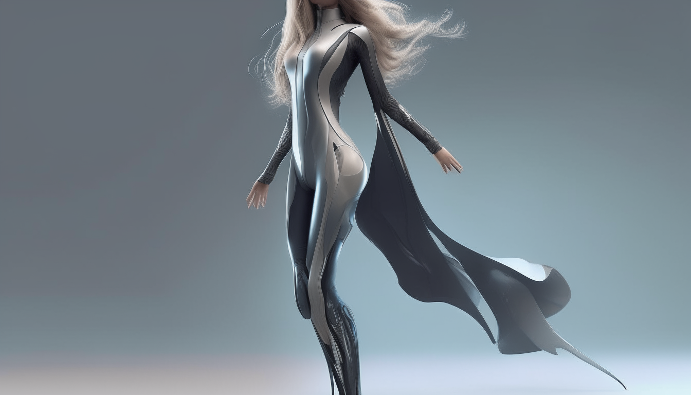 A futuristic woman shown full-length with flowing hair and outfit