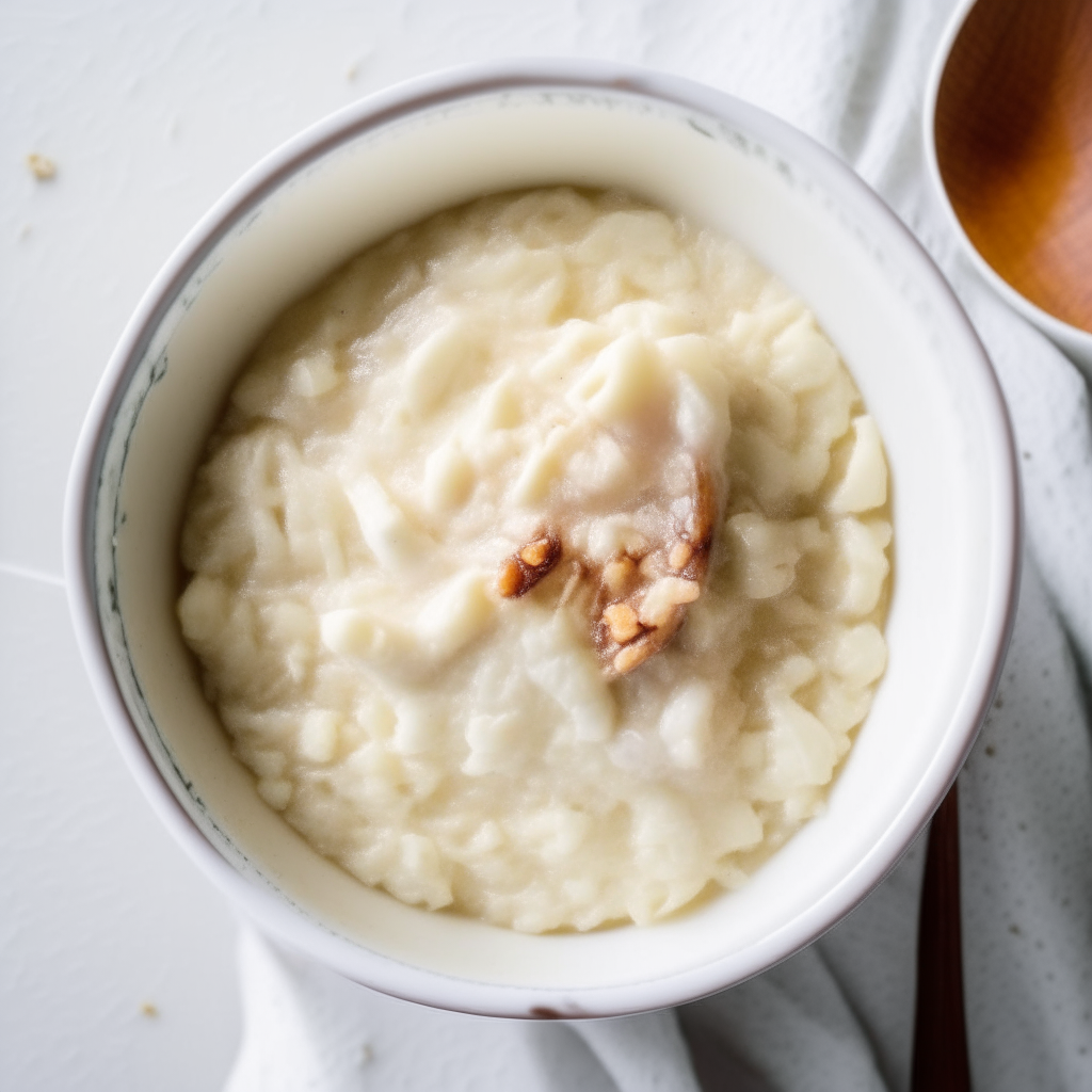 Vanilla bean rice pudding in a white bowl, overhead view, bright natural lighting, shallow depth of field, instagram ready