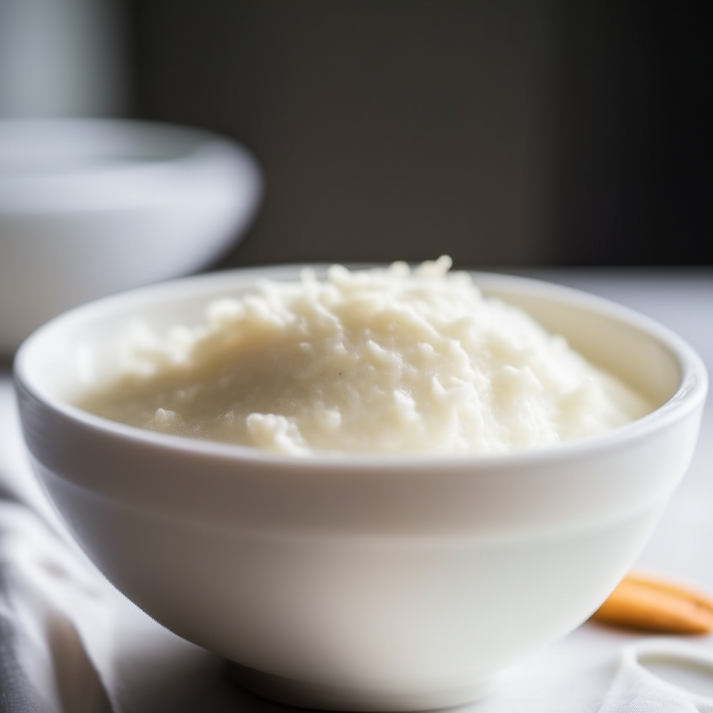 Vanilla bean rice pudding in a white bowl, angled side view, soft natural lighting coming from the left, shallow depth of field, instagram ready