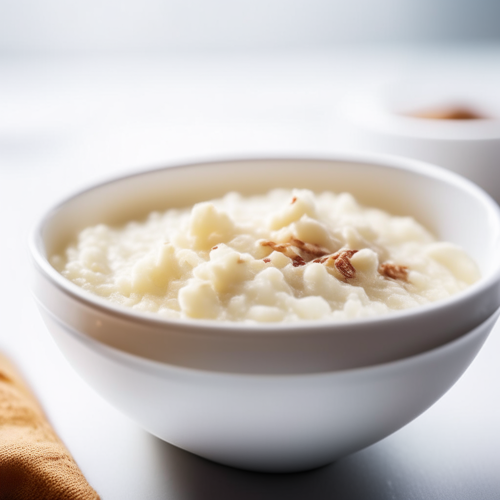 Close up view of vanilla bean rice pudding in a white bowl, bright studio lighting, extremely sharp focus, instagram ready