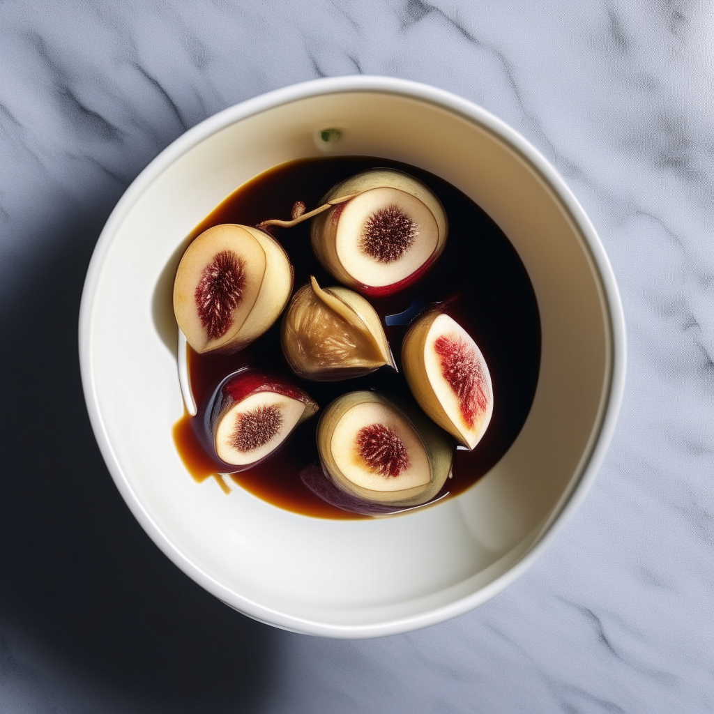 Maple-glazed poached figs in a white bowl, overhead view, bright natural lighting, shallow depth of field, instagram ready