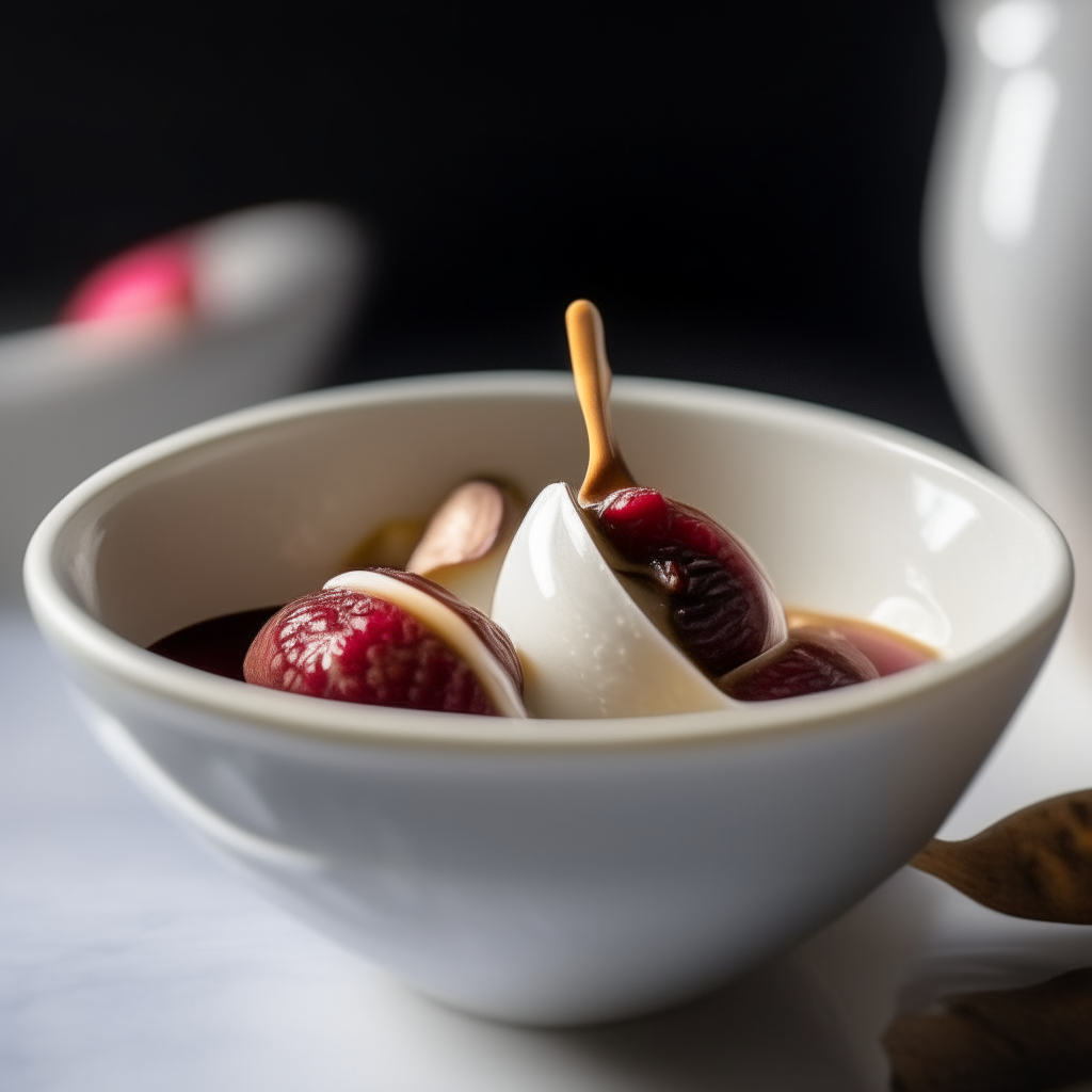 Maple-glazed poached figs in a white bowl, angled side view, soft natural lighting from the left, shallow depth of field, instagram ready