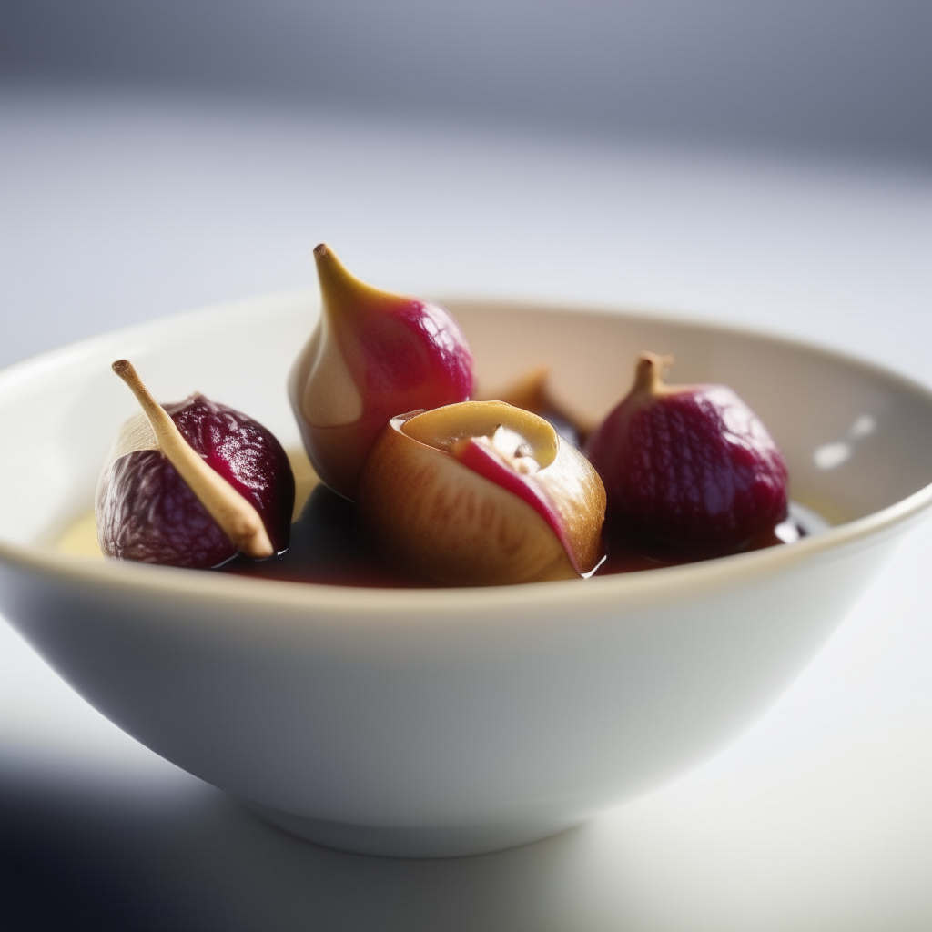 Close up view of maple-glazed poached figs in a white bowl, bright studio lighting, extremely sharp focus, instagram ready