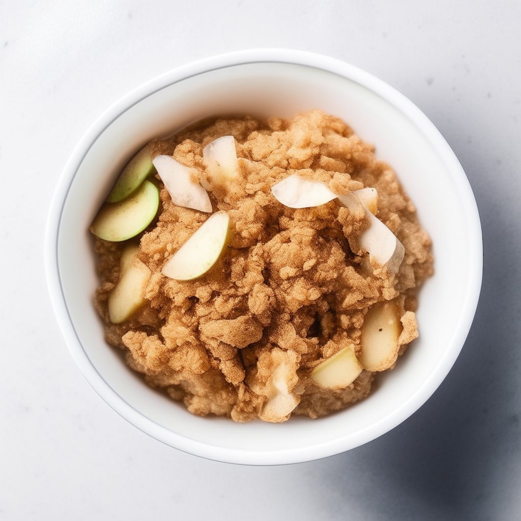 Cinnamon apple crisp with oat topping in a white bowl, overhead view, bright natural lighting, shallow depth of field, instagram ready