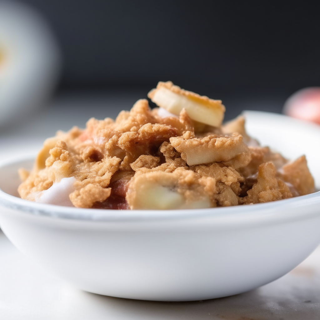 Cinnamon apple crisp with oat topping in a white bowl, angled side view, soft natural lighting from the left, shallow depth of field, instagram ready