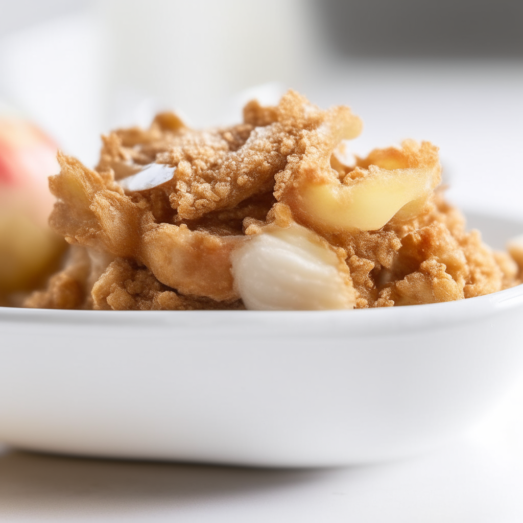 Close up view of cinnamon apple crisp with oat topping in a white bowl, bright studio lighting, extremely sharp focus, instagram ready