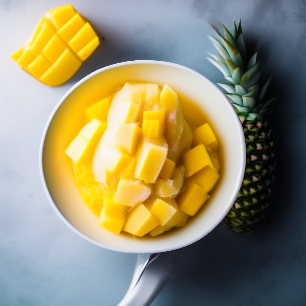 Mango and pineapple sorbet in a white bowl, overhead view, bright natural lighting, shallow depth of field, instagram ready