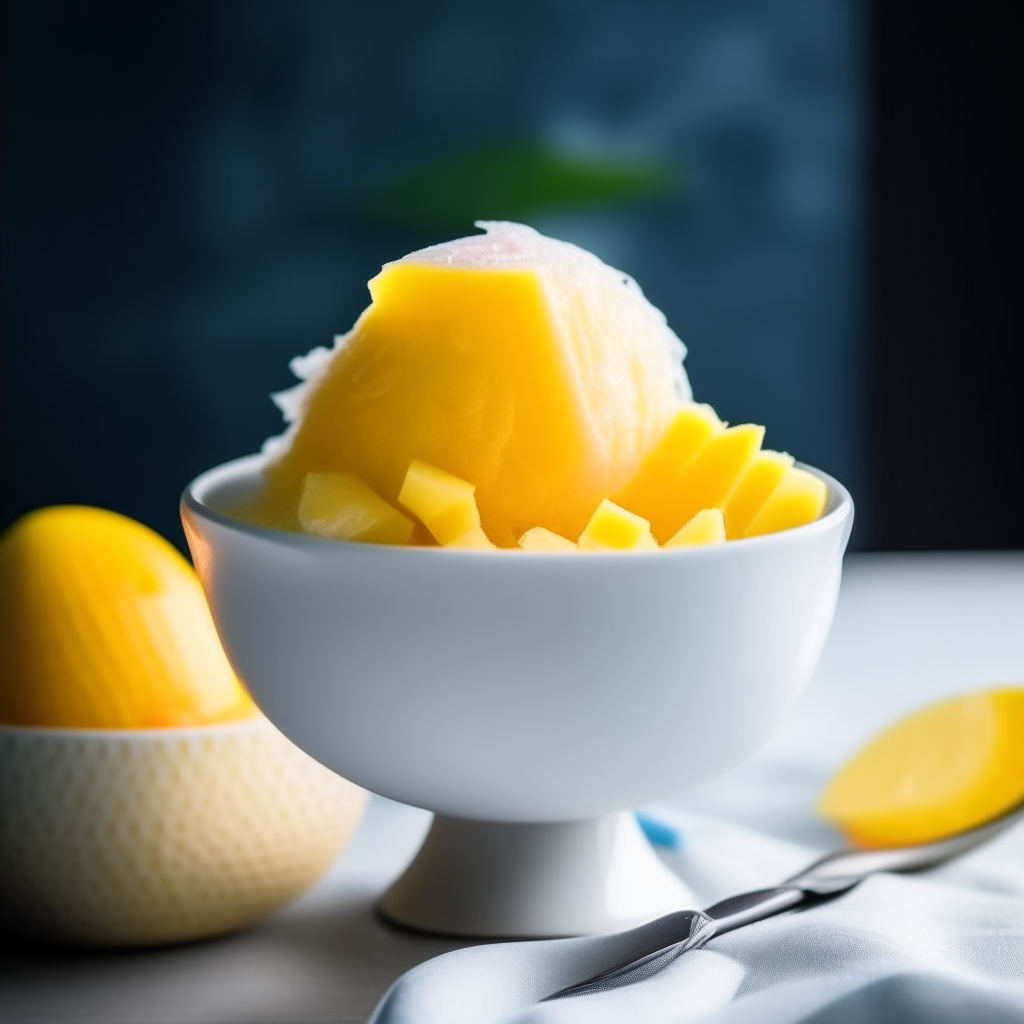 Mango and pineapple sorbet in a white bowl, angled side view, soft natural lighting from the left, shallow depth of field, instagram ready