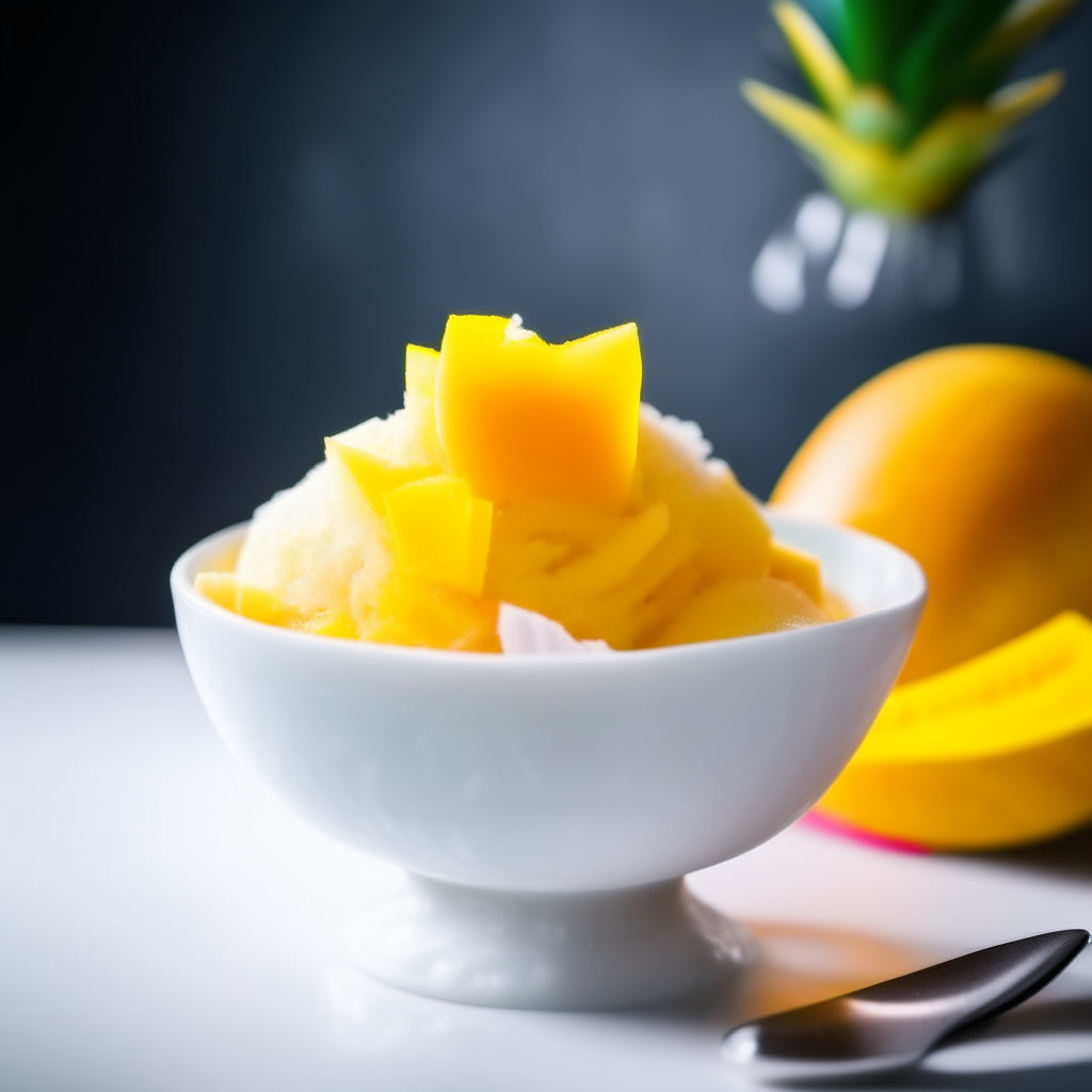 Close up view of mango and pineapple sorbet in a white bowl, bright studio lighting, extremely sharp focus, instagram ready