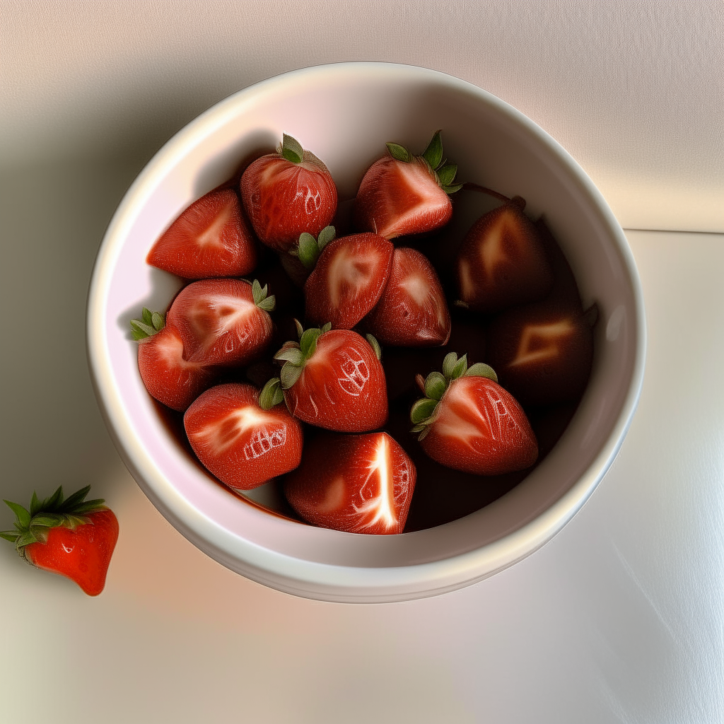 Slow-cooker chocolate-dipped strawberries in a white bowl, overhead view, bright natural lighting, shallow depth of field, instagram ready