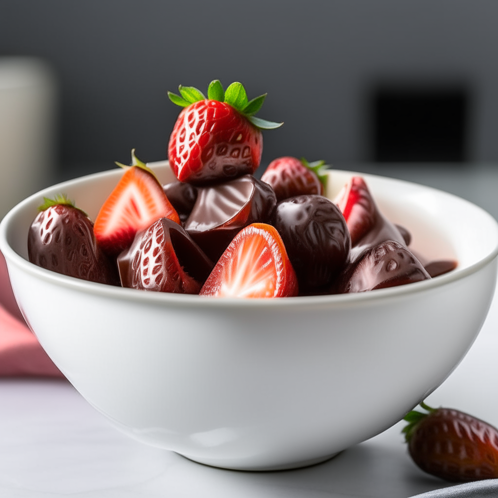 Slow-cooker chocolate-dipped strawberries in a white bowl, angled side view, soft natural lighting from the left, shallow depth of field, instagram ready