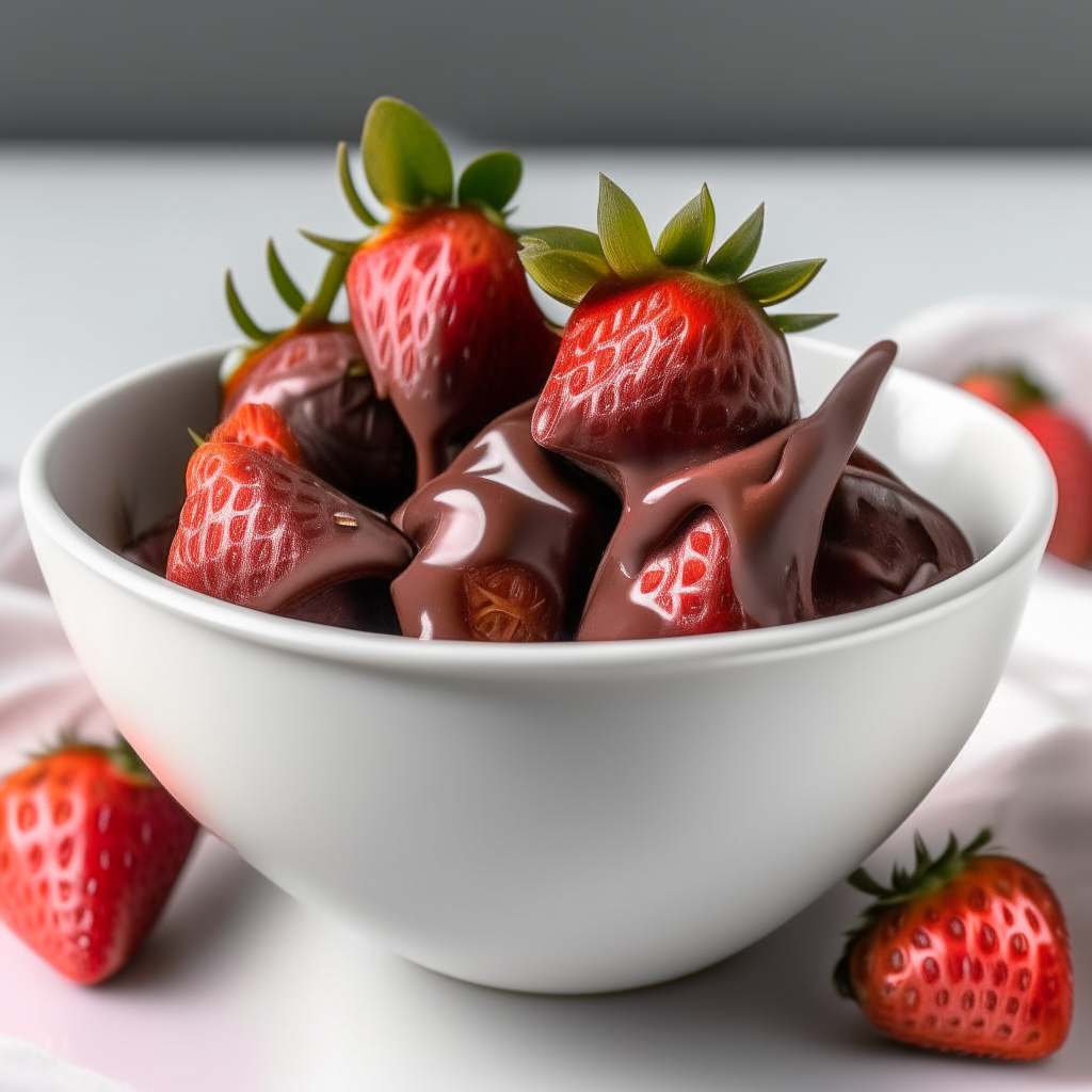 Close up view of slow-cooker chocolate-dipped strawberries in a white bowl, bright studio lighting, extremely sharp focus, instagram ready