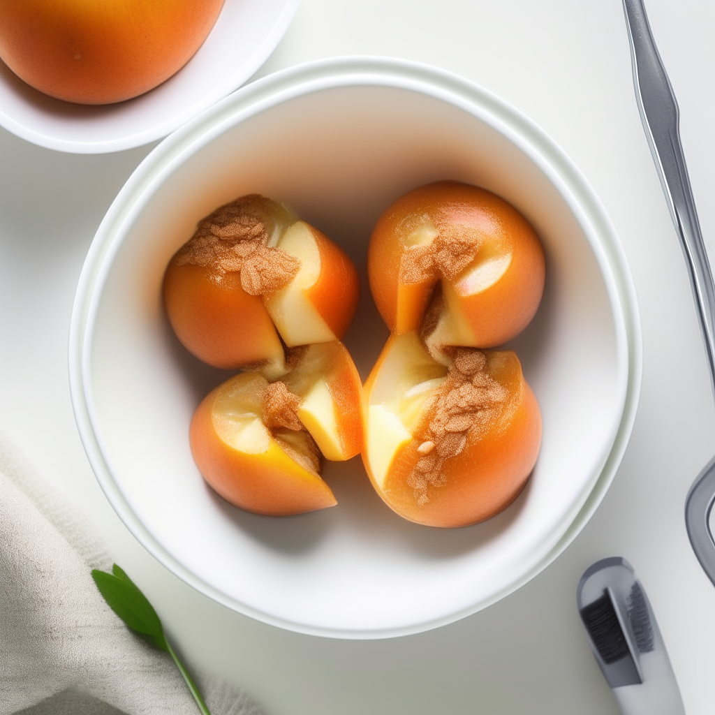 Ginger and apricot baked apples in a white bowl, overhead view, bright natural lighting, shallow depth of field, instagram ready