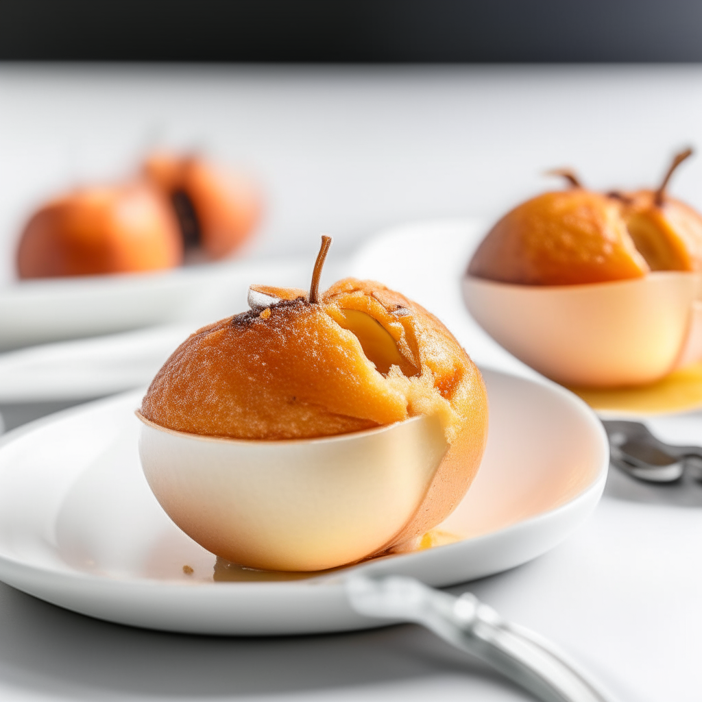 Ginger and apricot baked apples in a white bowl, angled side view, soft natural lighting from the left, shallow depth of field, instagram ready