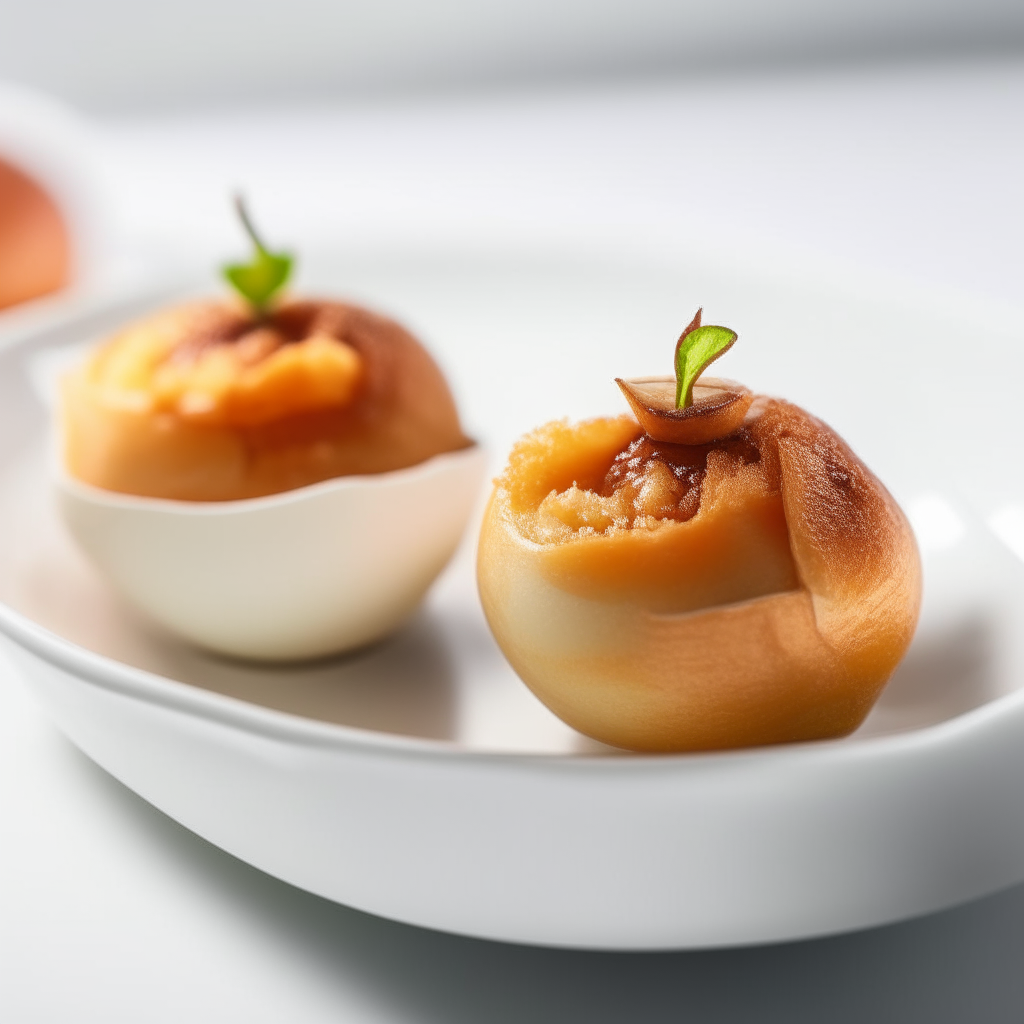 Close up view of ginger and apricot baked apples in a white bowl, bright studio lighting, extremely sharp focus, instagram ready