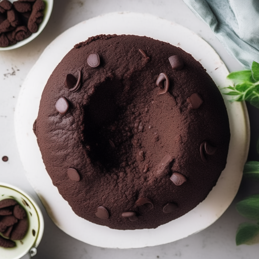 Zucchini chocolate cake in a white bowl, overhead view, bright natural lighting, shallow depth of field, instagram ready