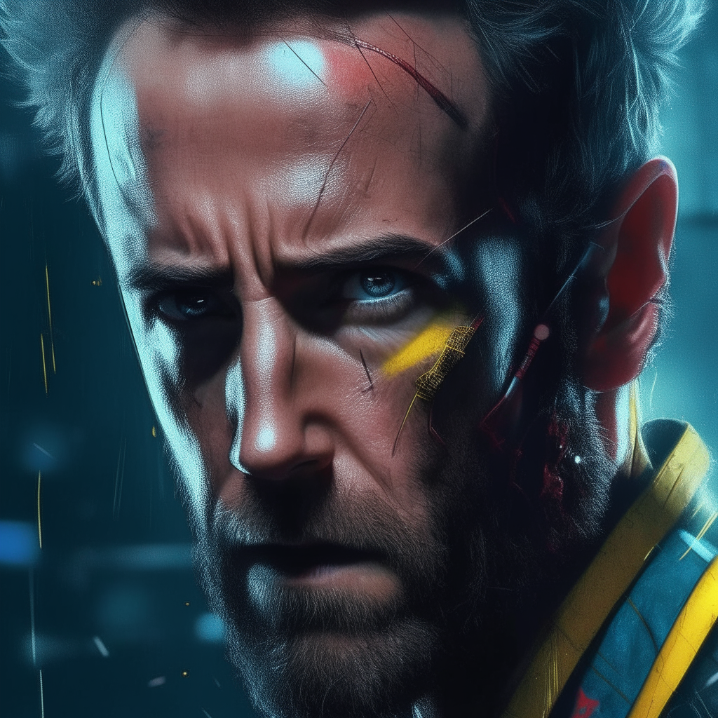 Ryan Reynolds as wolverine. intricate details, cyberpunk art, with a bit of wolverine thrown in for good measure. Ryan Reynolds as wolverine. intricate details, cyberpunk art facing camera