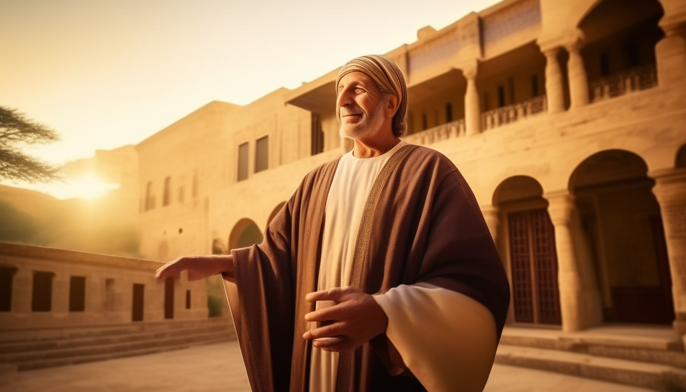 a 50 years old man showing his fancy house in biblical time