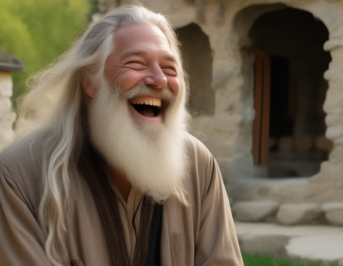 A 50 years old man laughing in front of his house at biblical time.