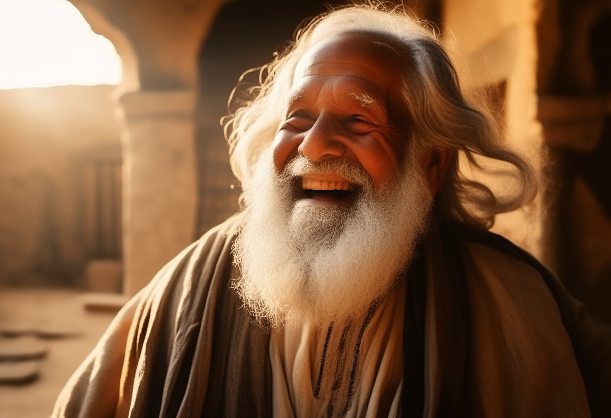 A 50 years old man laughing in biblical time