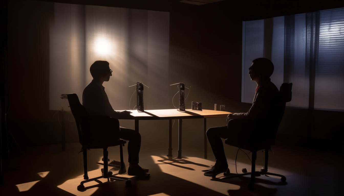 Ultra realistic, High definition, 200 dpi, wide shot of a podcast set, one rectangular table on the center, two people sitting in front of the other two people, so there are 4 humans in sitting on the sides of a not so wide the table, 50 mm lens, overhead lighting, fill lighting, hair light, very well lit set but still with some nice shadows, human beings, The corner of the set is the point of fugue so itsplaced between the people sitting on the table in biblical time