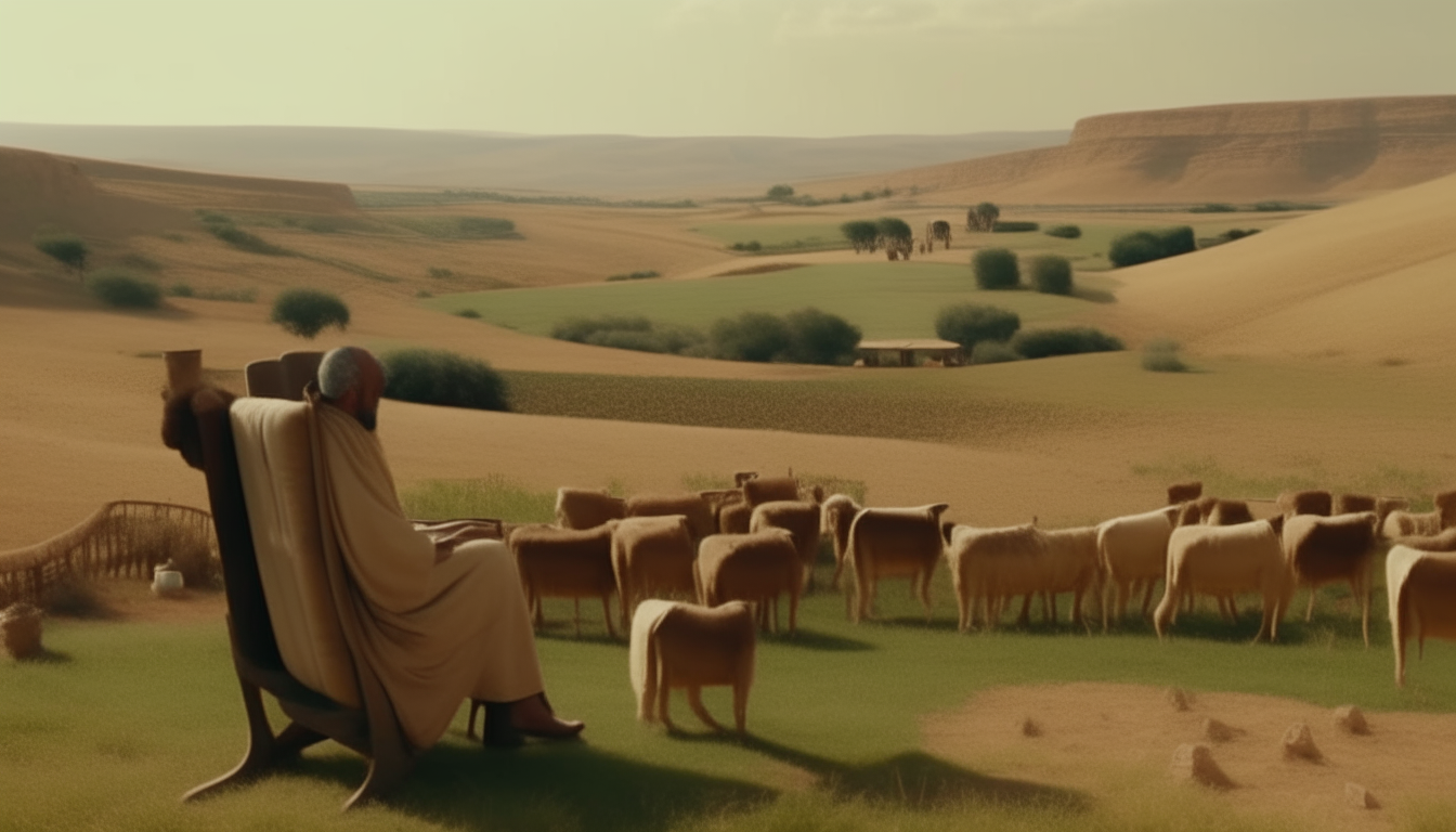 active people working in a huge farmland. far away on one side there are cows in there little house on the othere side camels are in front of a house, a 50 years old man is sitting in a fancy chair and  keeping a sight at all that  in b iblical time