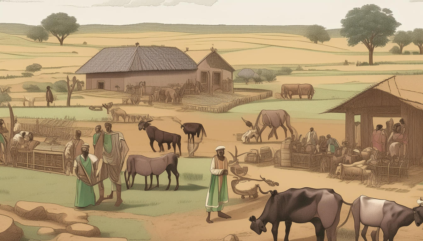 /image prompt:active people working in a huge farmland. far away on one side there are cows in there little house on the othere side camels are in front of a house, a fancy house in biblical time.