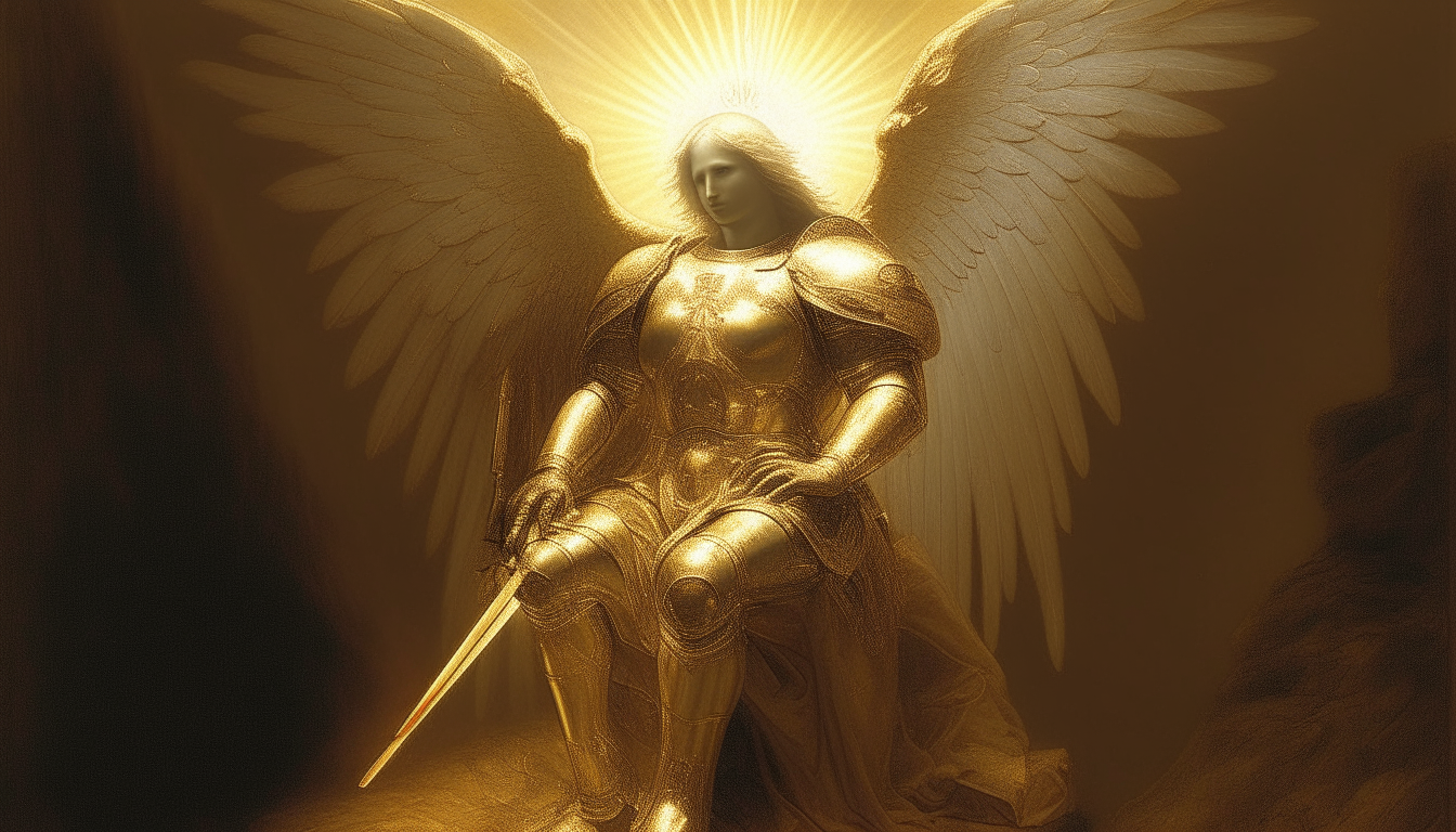 satan with is wings kneeling to the flamboyant light of God as he talks to him