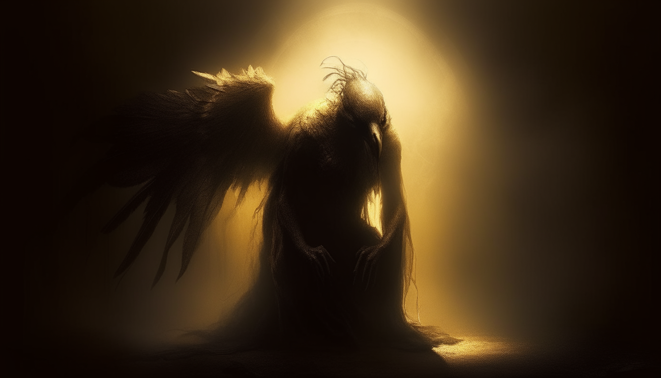 demonic being on his knees while the light comes from the sky