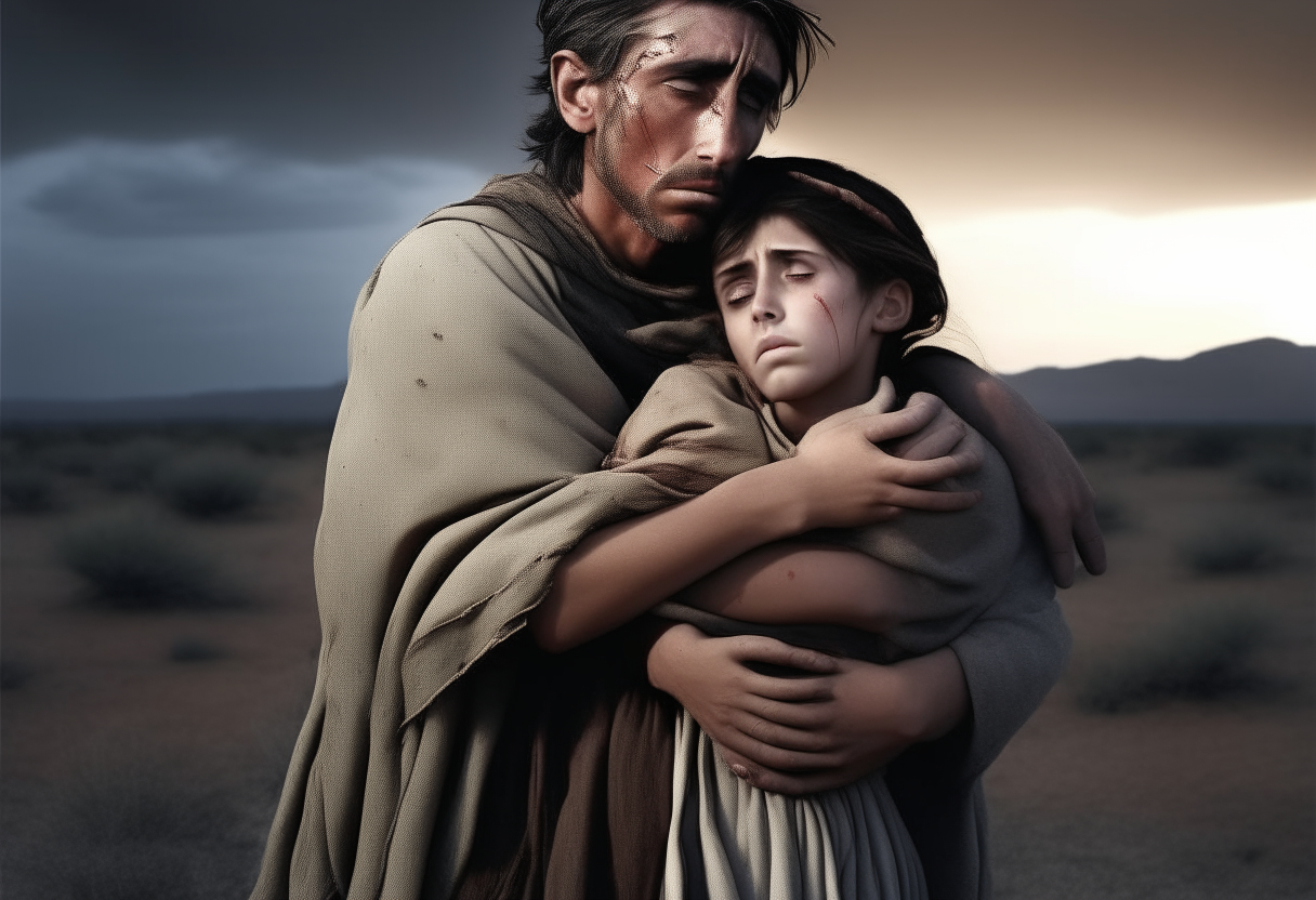A 50 years old man crying while carrying his dead teenager son in biblical  time.