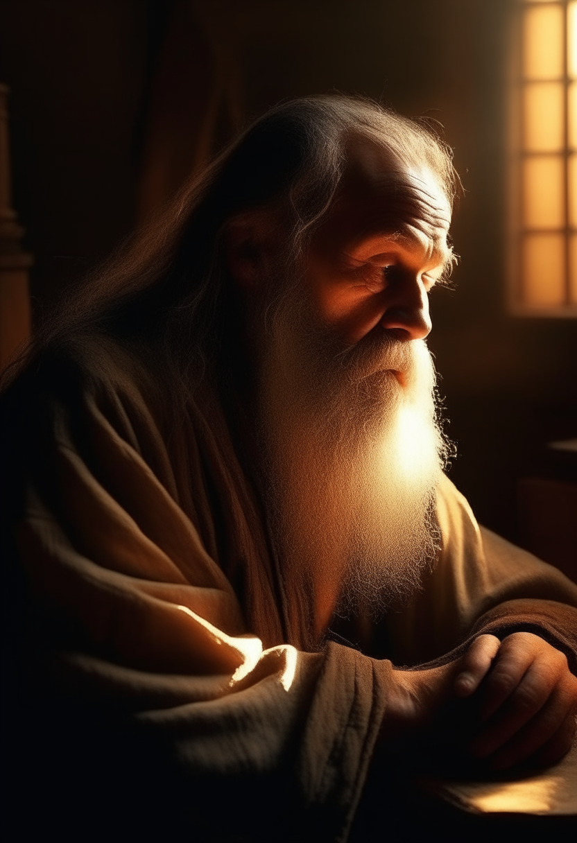 A 50 years old man on his knees praying in his house in biblical time