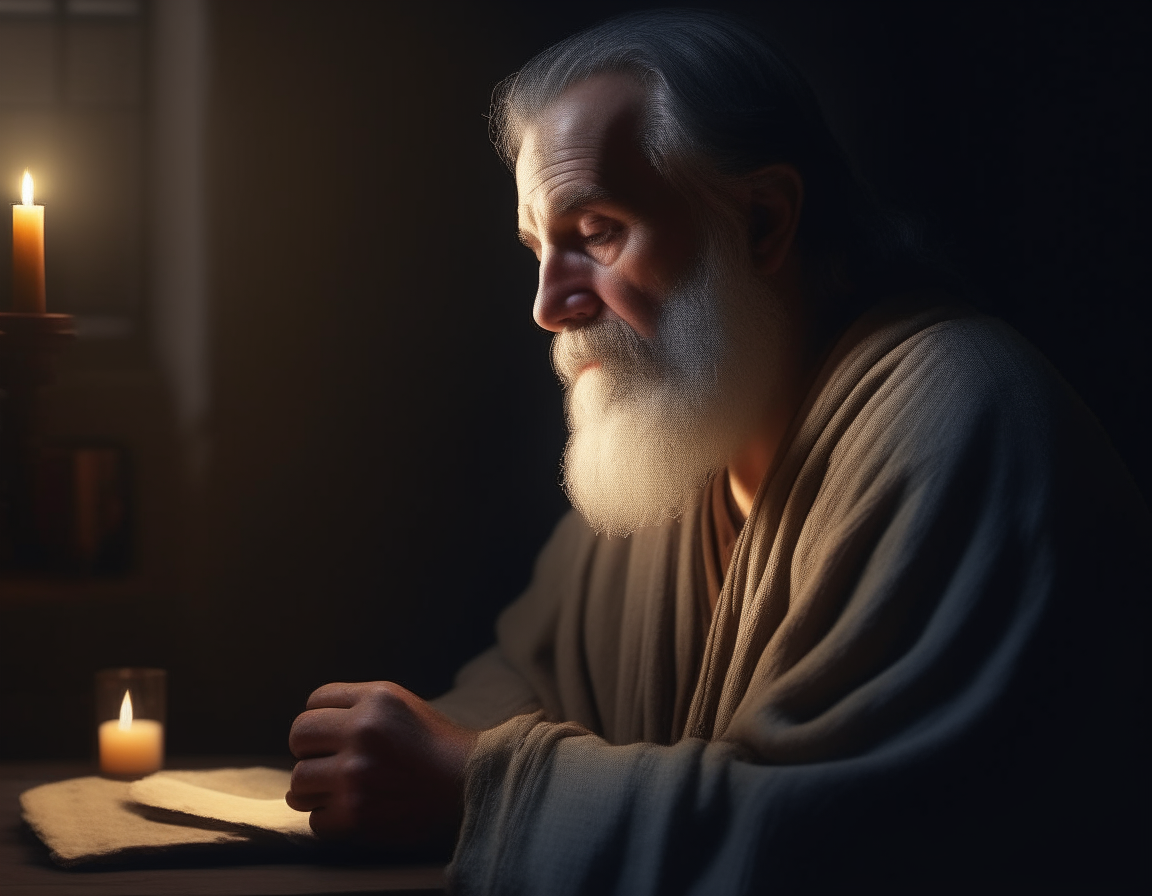 A 50 years old man on his knees praying in his house in biblical time