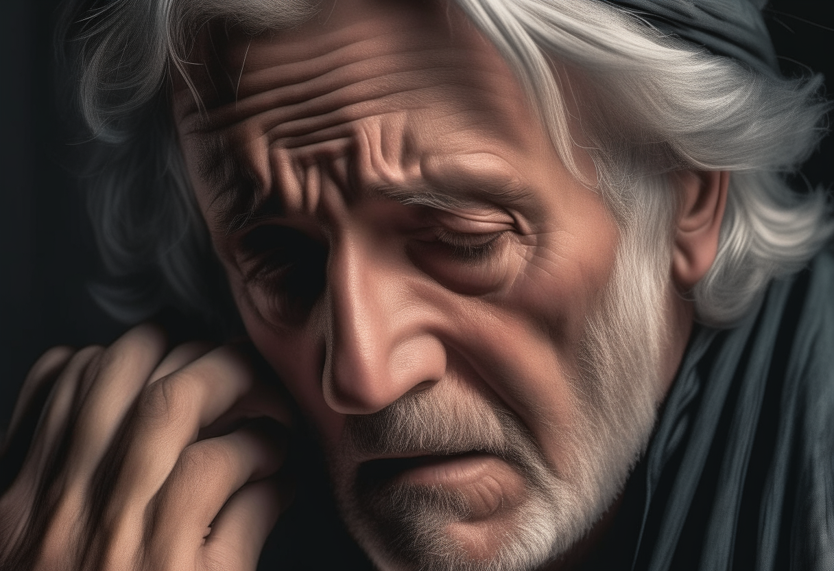 A 50 years old mon upset  holding his head down with his hands in biblical time period.