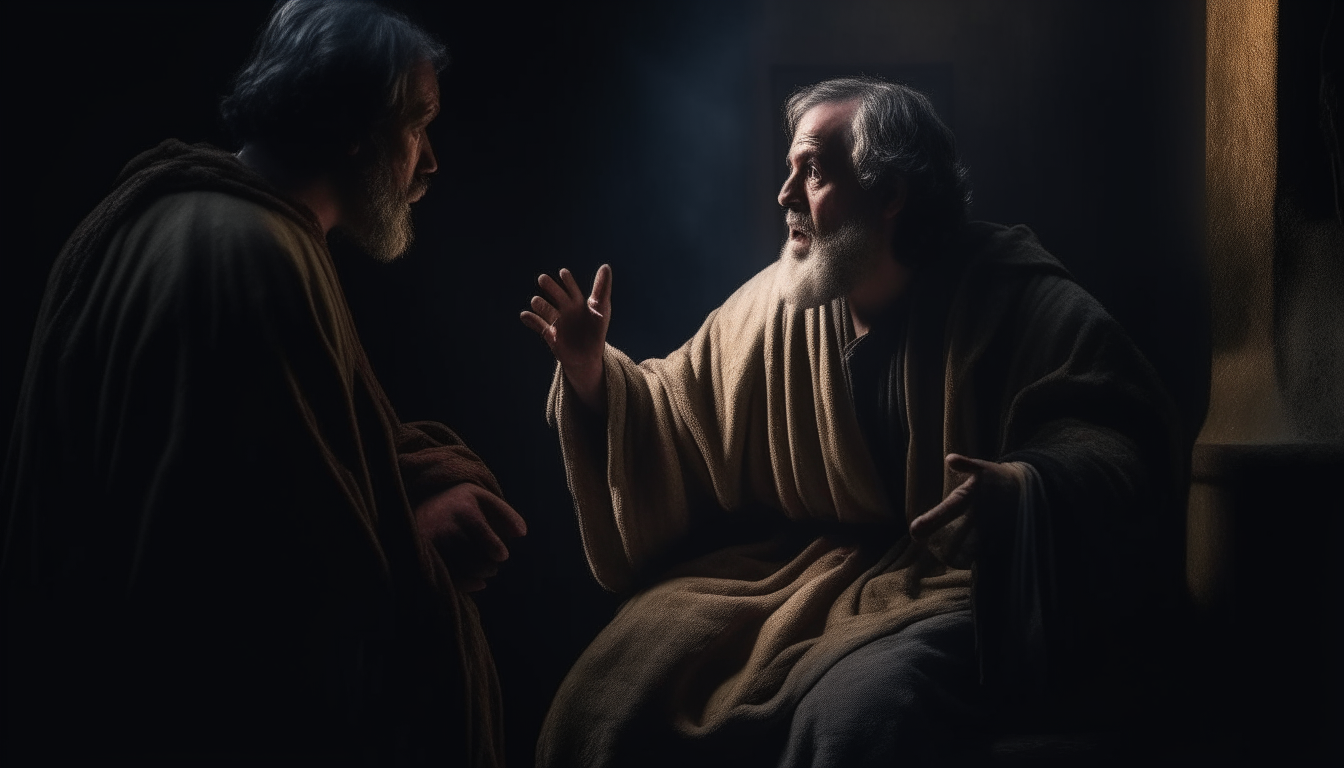A 40 years old man standing and talking to a 50 years old man sitting in biblical time.