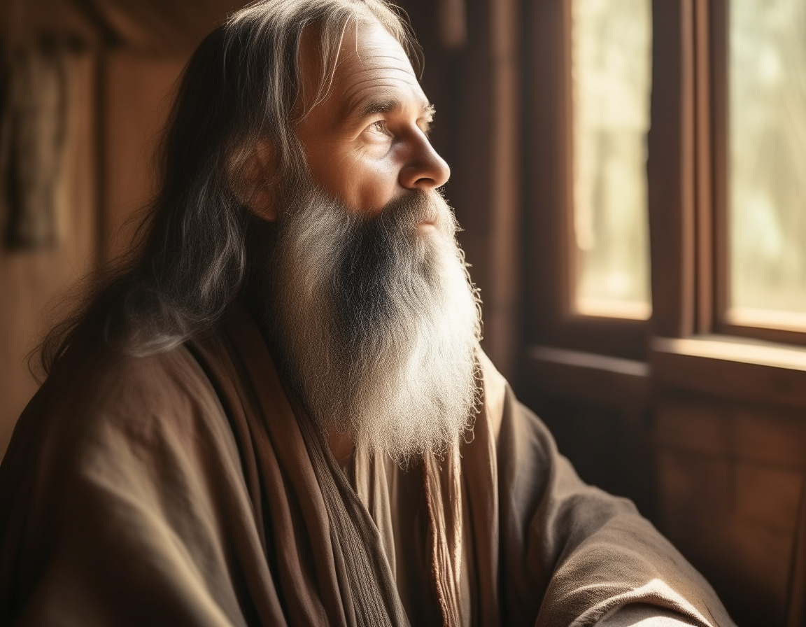 40 years old man thinking in his house in biblical time.