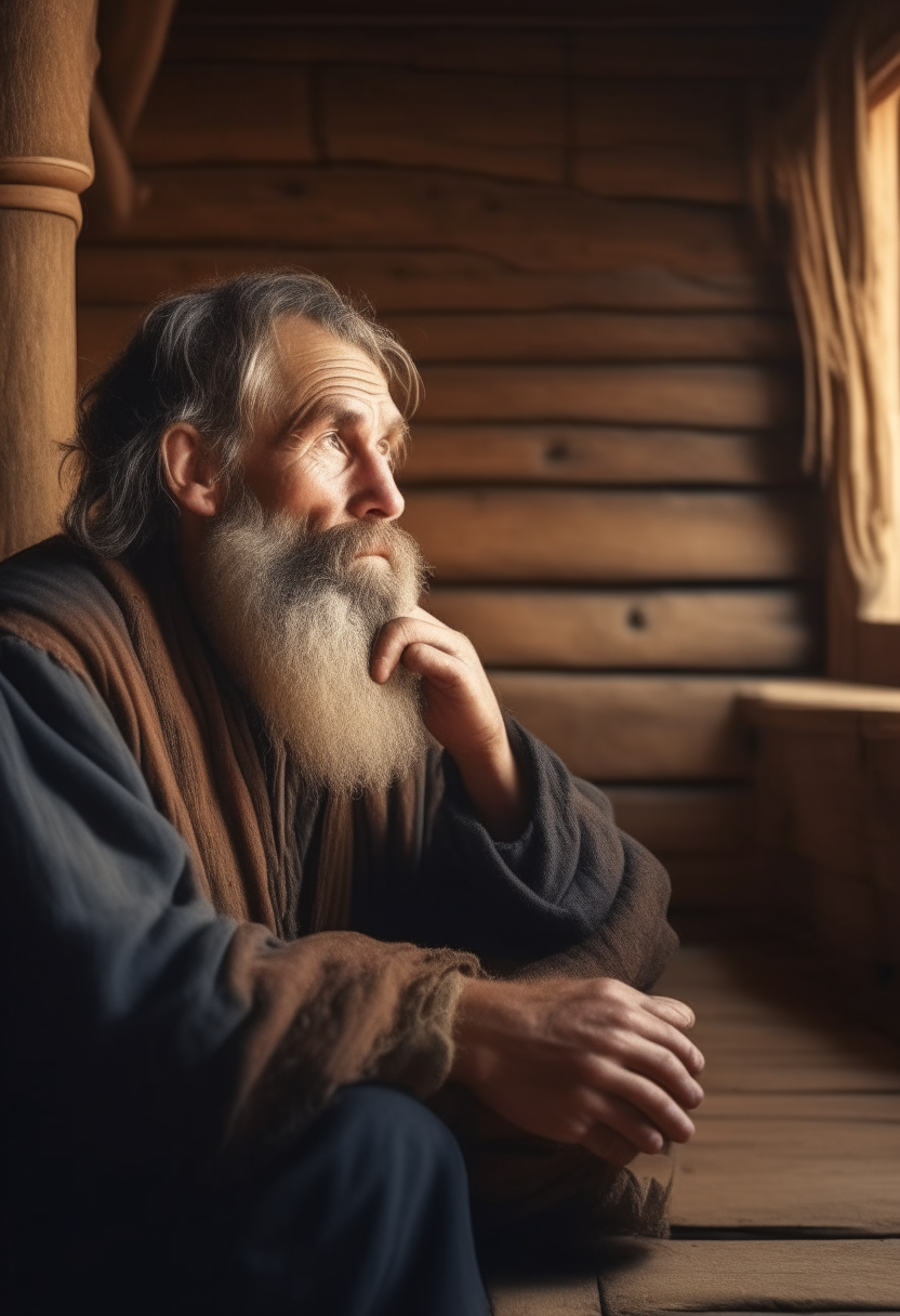 35 years old man thinking in his house in biblical time