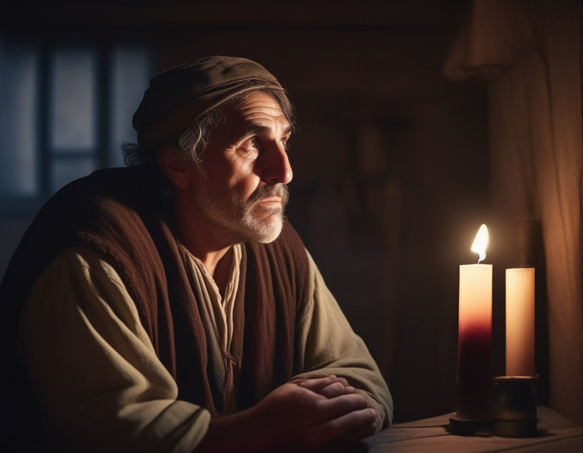 a 30 years old man thinking in his house in biblical time