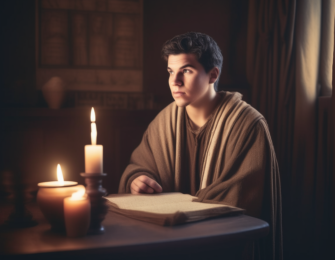 a 25 years old man thinking in his house in biblical time