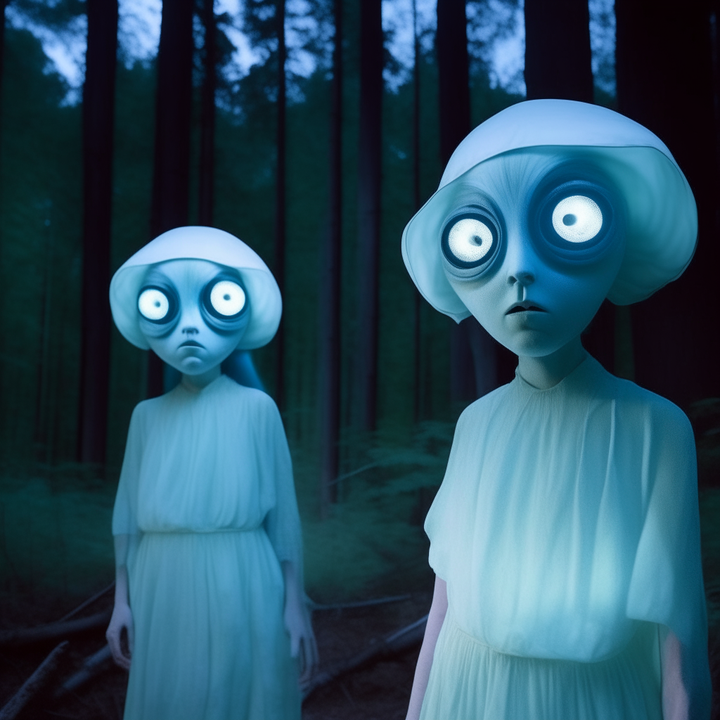 giant, pale-blue, transparent women with enormous eyes, standing in forest at night