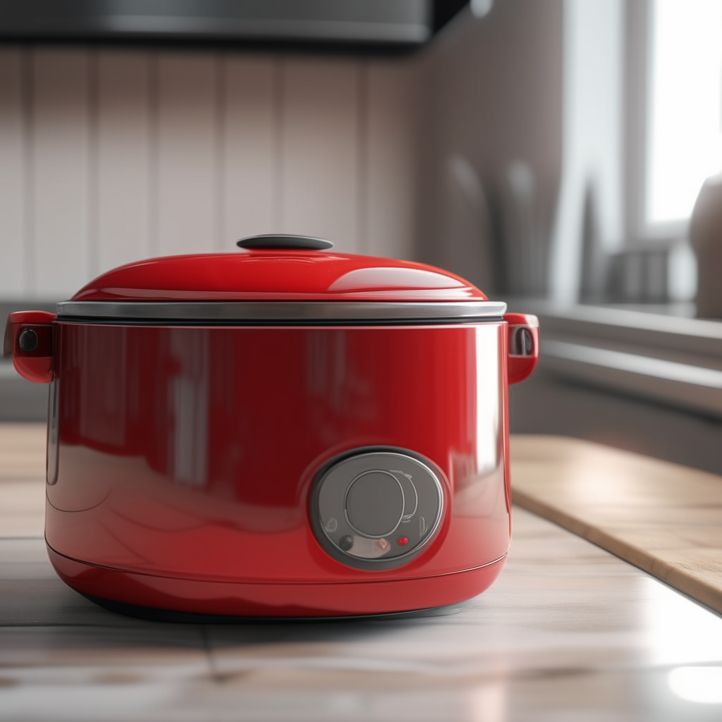 a red crockpot sitting on a kitchen counter photorealistic