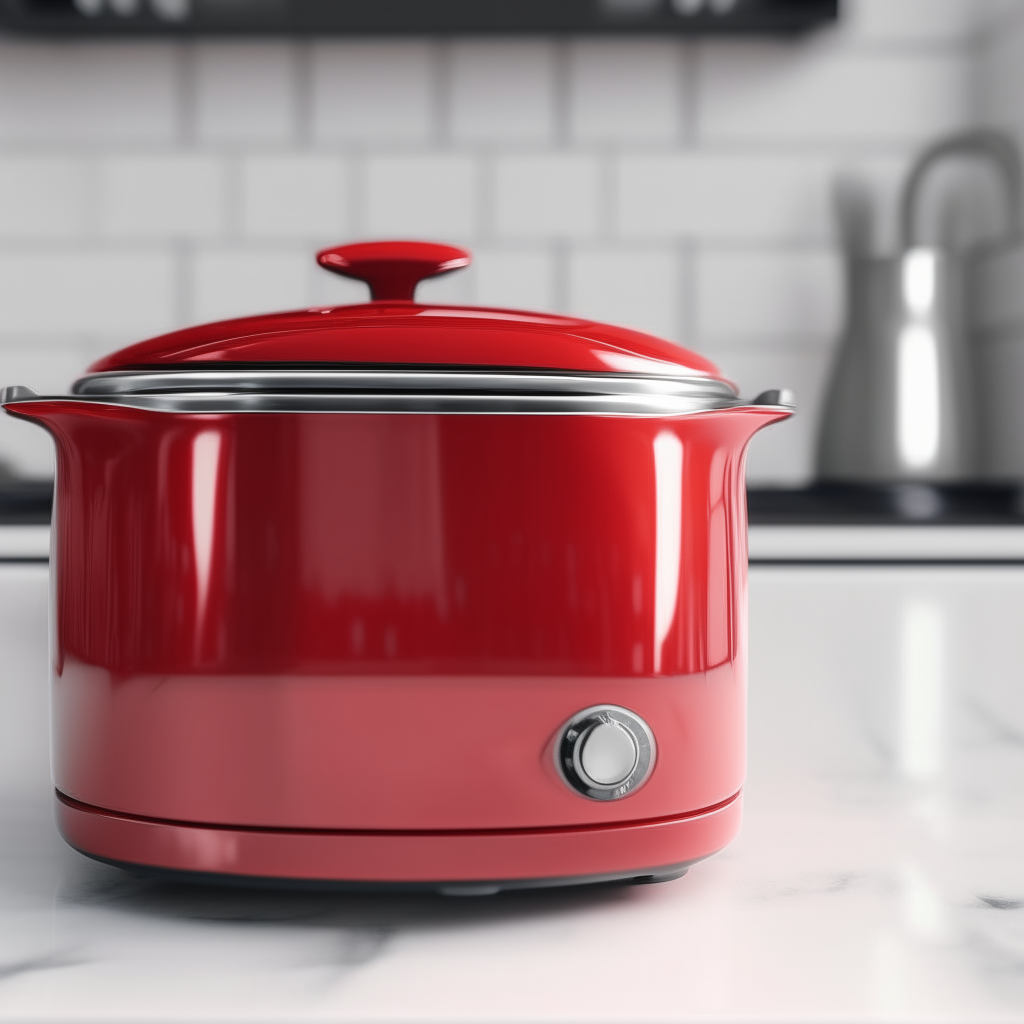 a red crockpot sitting on a white kitchen counter top photorealistic high resolution image