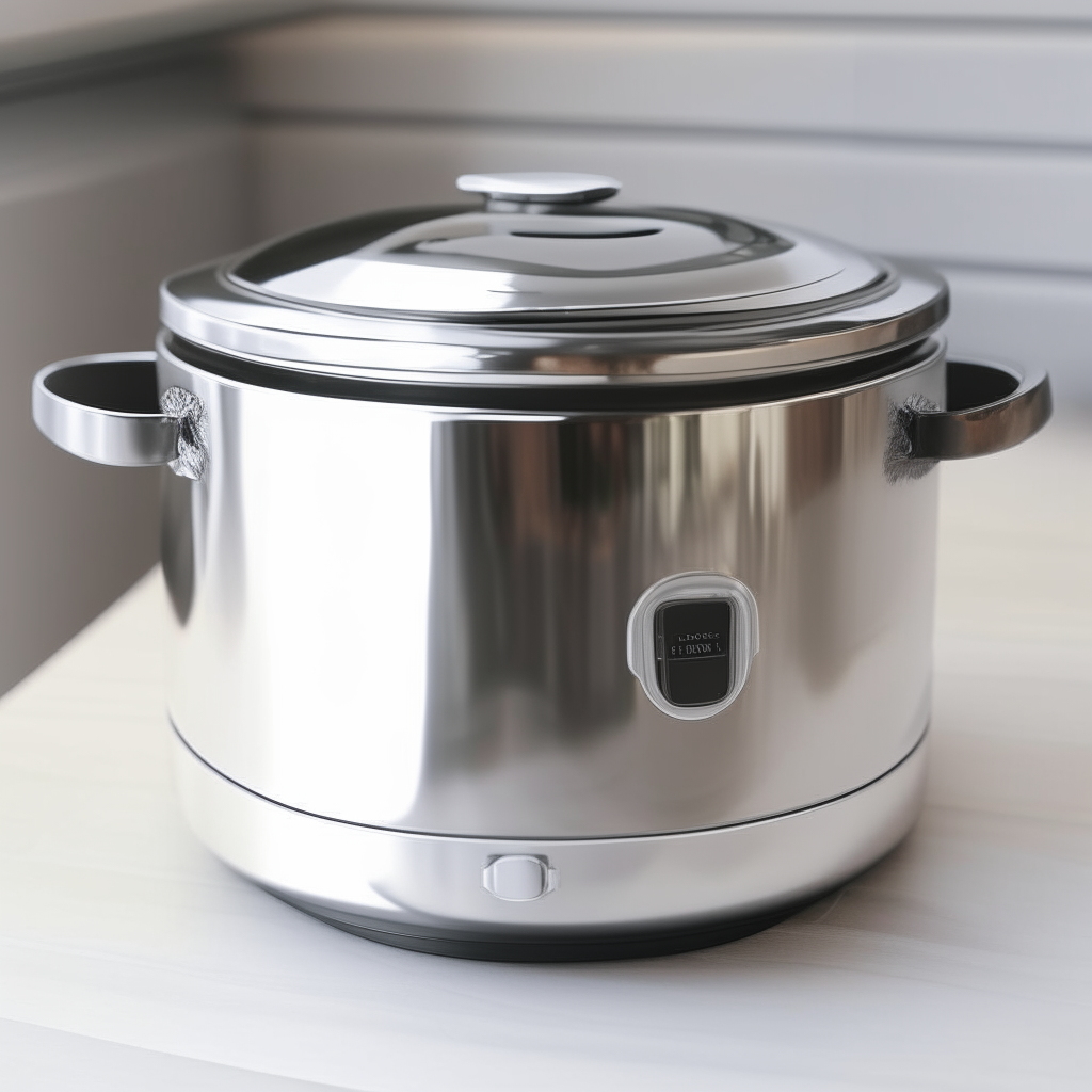 a silver crockpot sitting on a white kitchen counter top photorealistic high resolution image