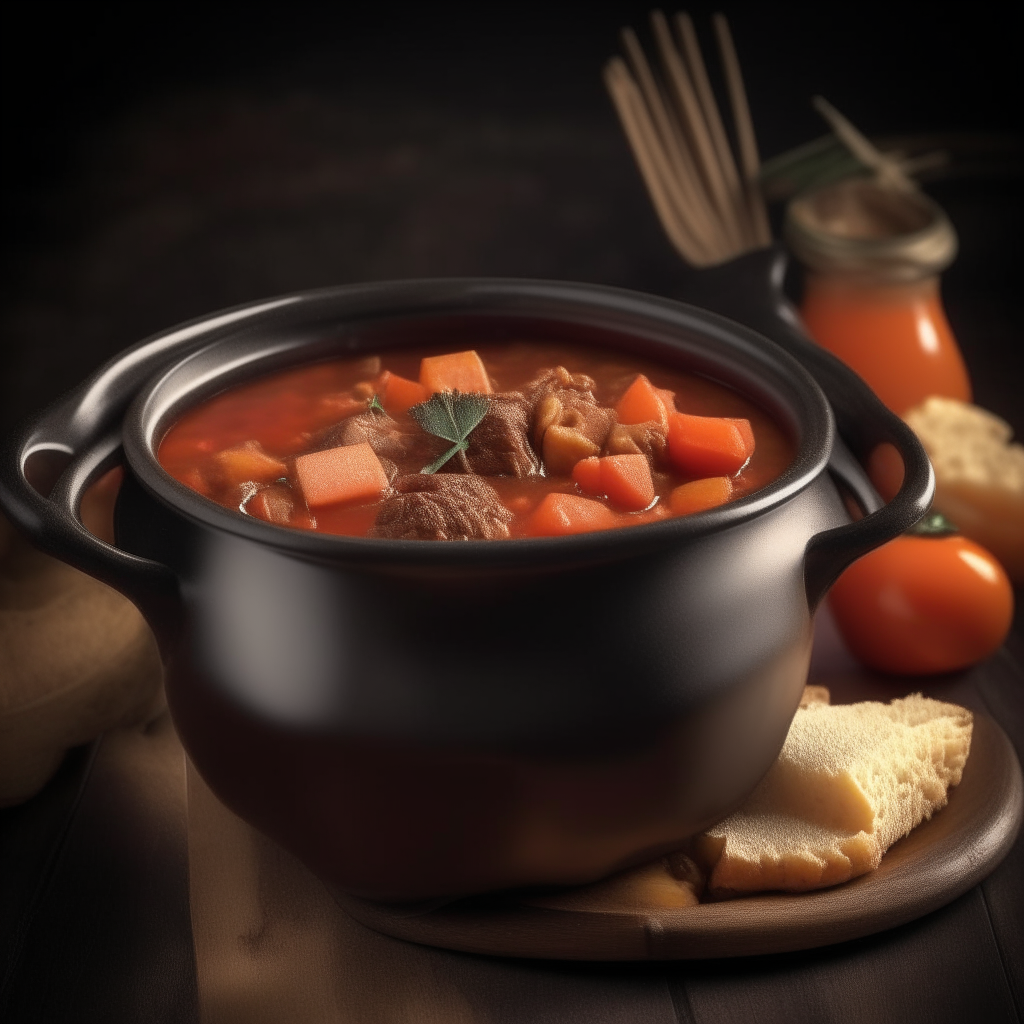 A hearty beef stew simmering in a crockpot Photorealistic high resolution image