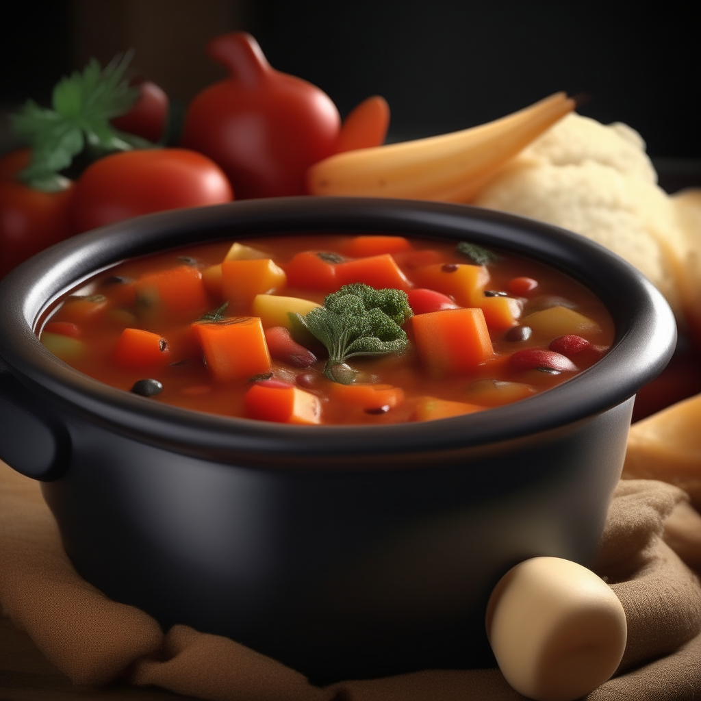 A hearty vegetarian stew with potatoes, carrots, beans, and tomatoes simmering in a crockpot Photorealistic high resolution image