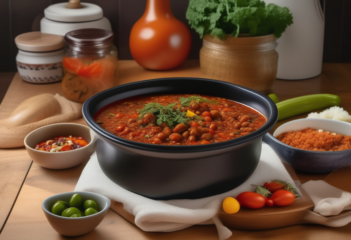 A recipe for vegetarian chili with beans, tomatoes, peppers, and spices laid out next to a crockpot on a kitchen counter Photorealistic high resolution image