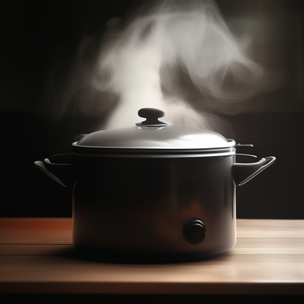 An old crockpot with smoke coming out of it on a kitchen counter Photorealistic high resolution image