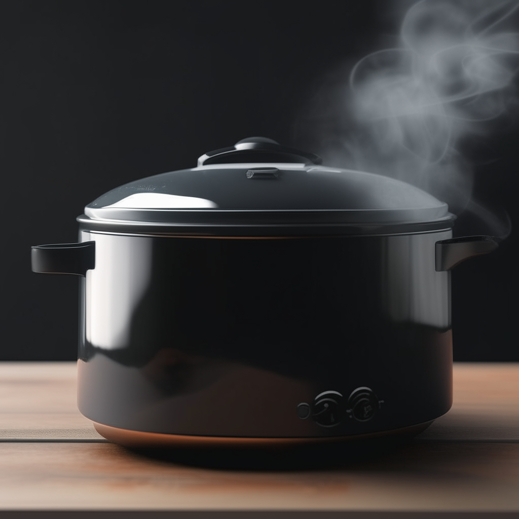 A crockpot with its lid half open and steam coming out, sitting harmlessly on a counter Photorealistic high resolution image