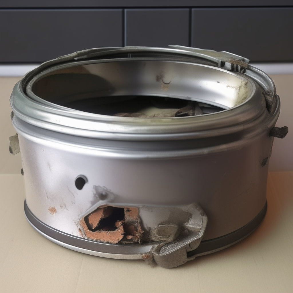 An old crockpot with its metal lid completely separated into two pieces, sitting harmlessly on a counter Photorealistic